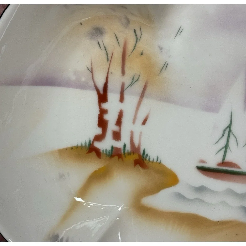 Prov Saxe E S Germany Antique Serving Dish Bowl Clover Shaped Landscape Sailboat